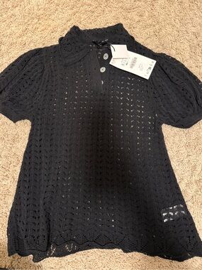 Zara Black Crochet Short-Sleeve Polo Top